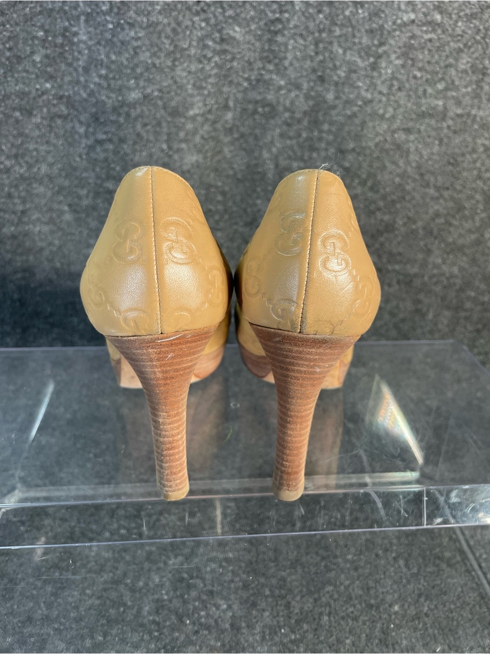 Gucci Guccisimma Horsebit Open Toe Light Sand Leather Heels Size 7 Monogram - Picture 11 of 16
